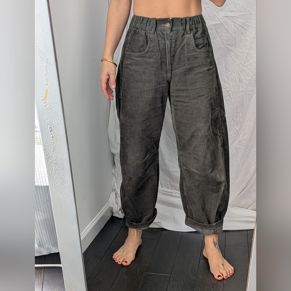 Dark Green Corduroy Barrel Pants